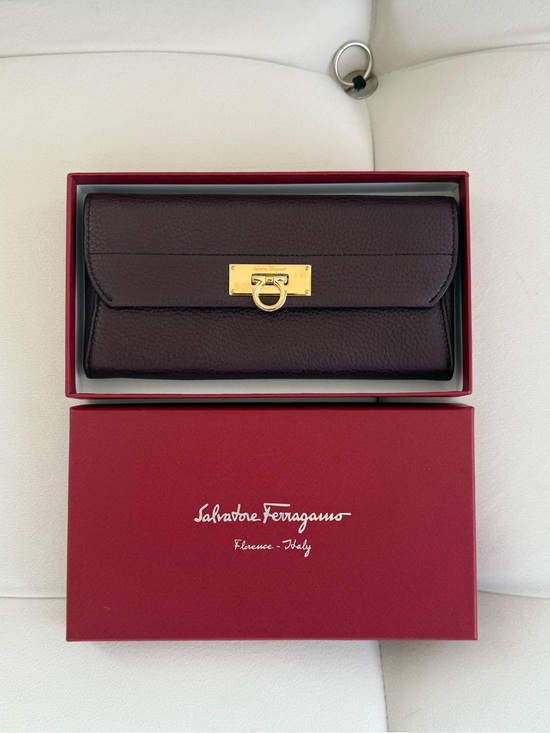 Salvatore Ferragamo Handbags - Salvatore Ferragamo Gancini Long Wallet 7.4 inch Burgundy With Gold Clasp